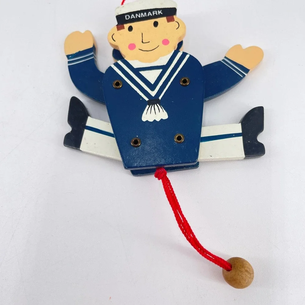 Vintage Danish Wooden Sailor Jumping Jack Ornament Danmark Hand Painted Toy